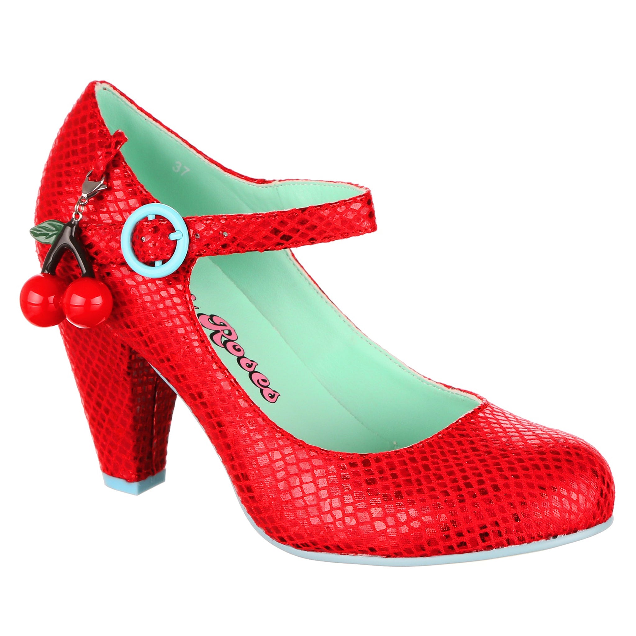 Red metallic high-heeled mary-jane shoe with green lining, red cherry charm on the strap and green buckle fastening on a white background