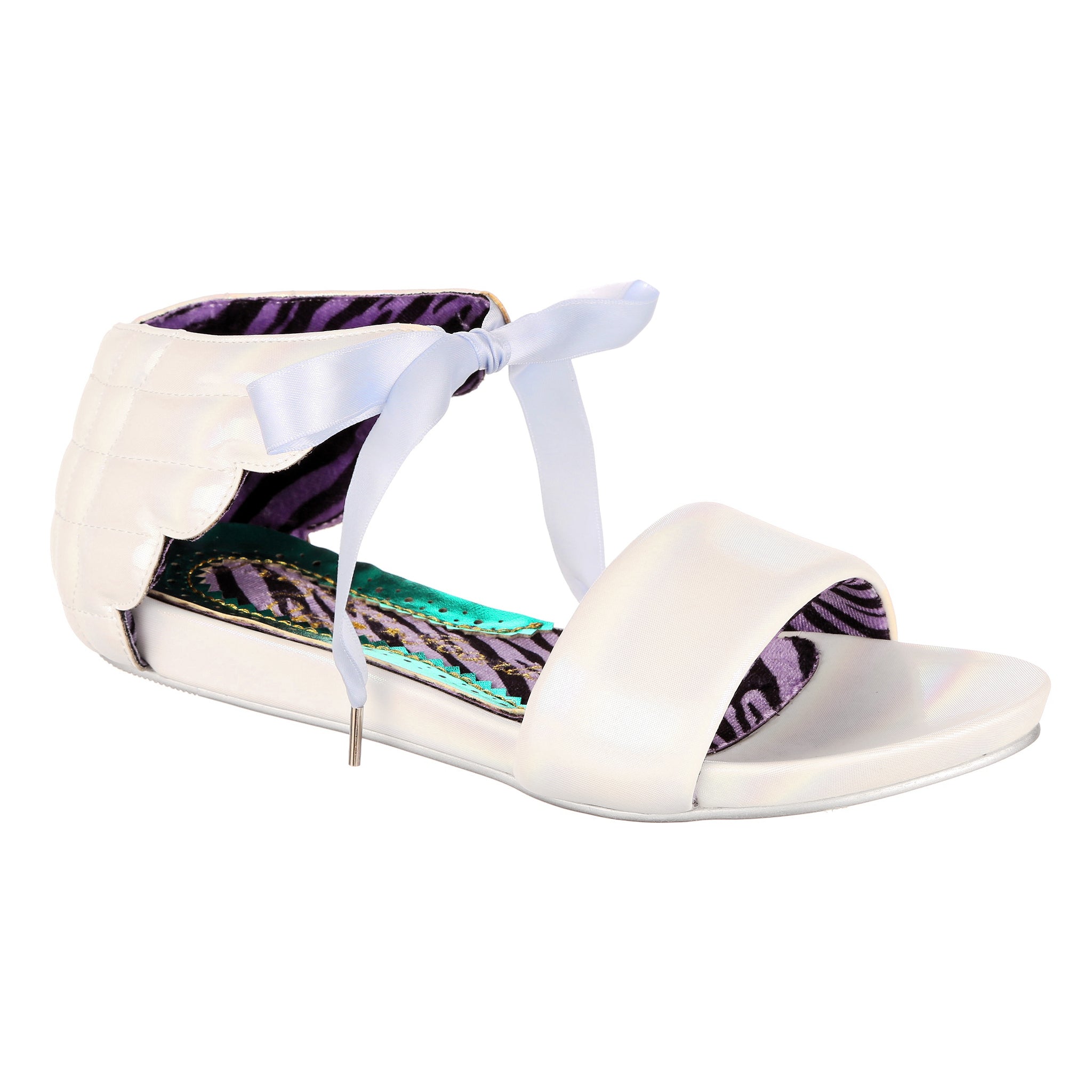 White pearlescent open toe sandal with purple and green lining and a pale blue ribbon ankle strap on a white background