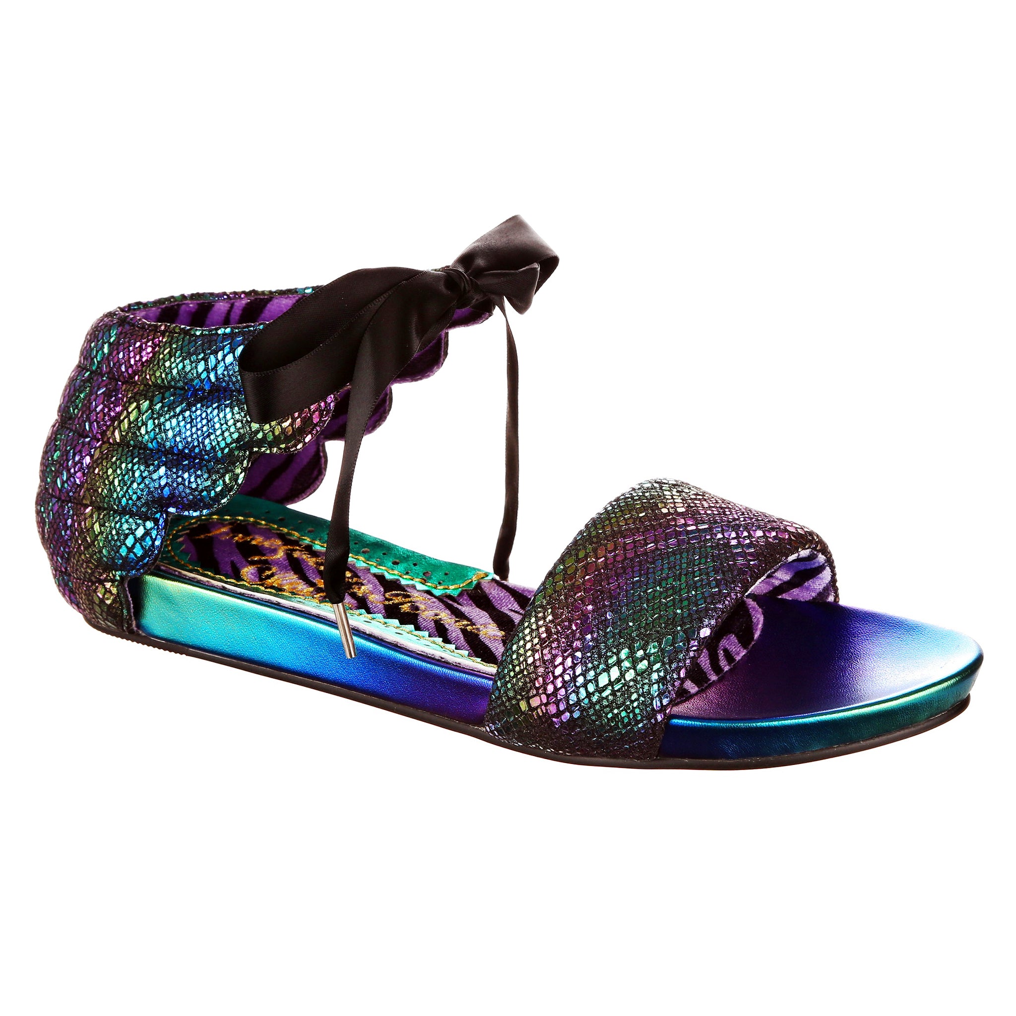 Rainbow open toe sandal with metallic finish and black ribbon ankle tie on a white background
