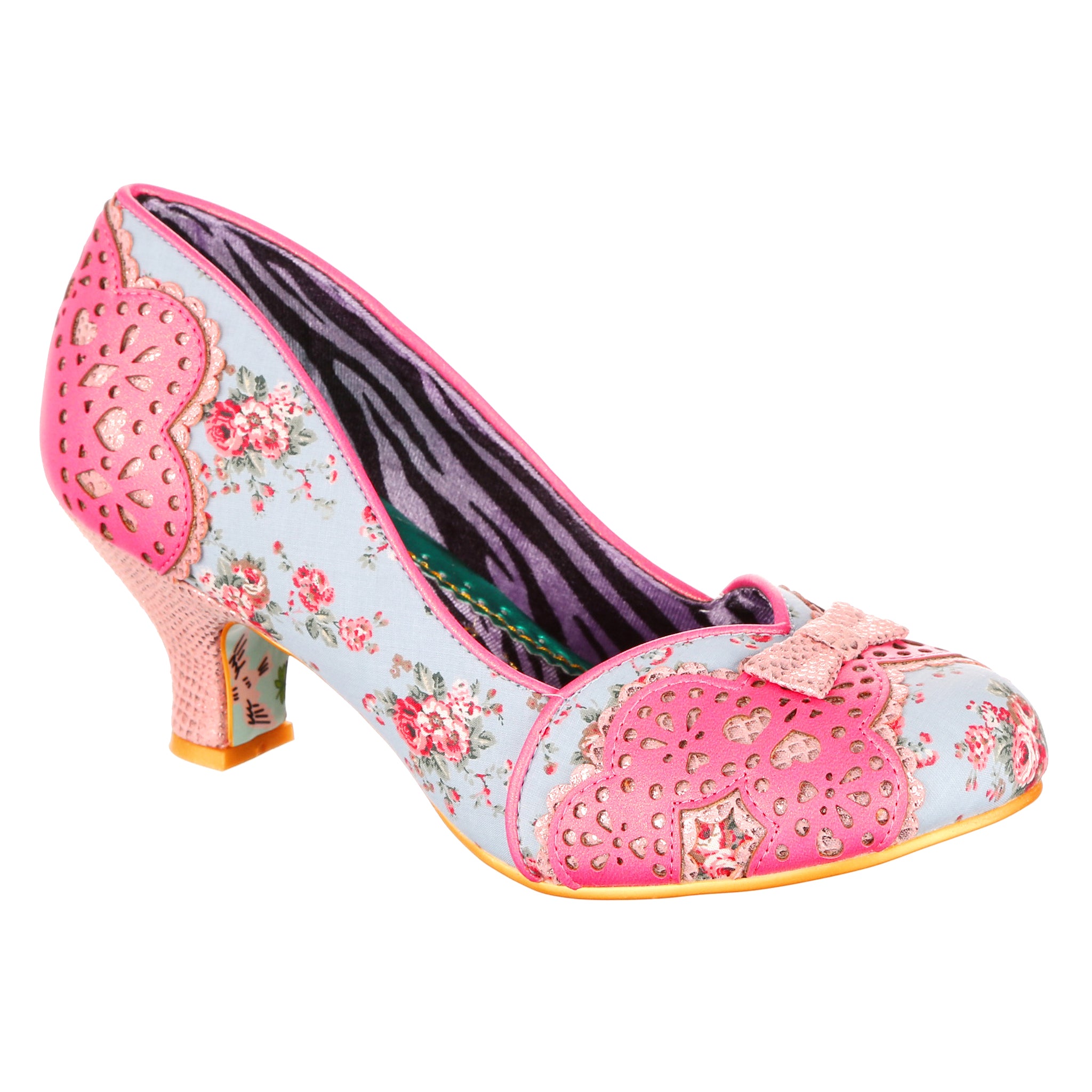Pink and blue floral ditsy print low-heeled shoe with pink lace accents on a white background