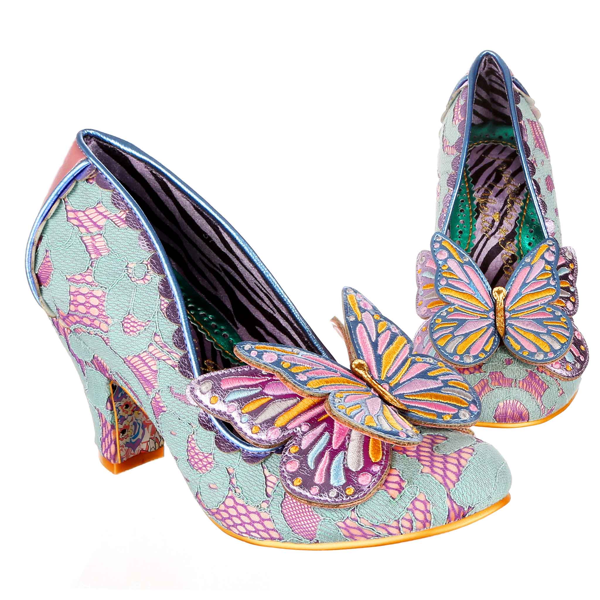 Blue and purple lace slip on mid heeled shoes with 3D butterfly applique at the toe on a white background