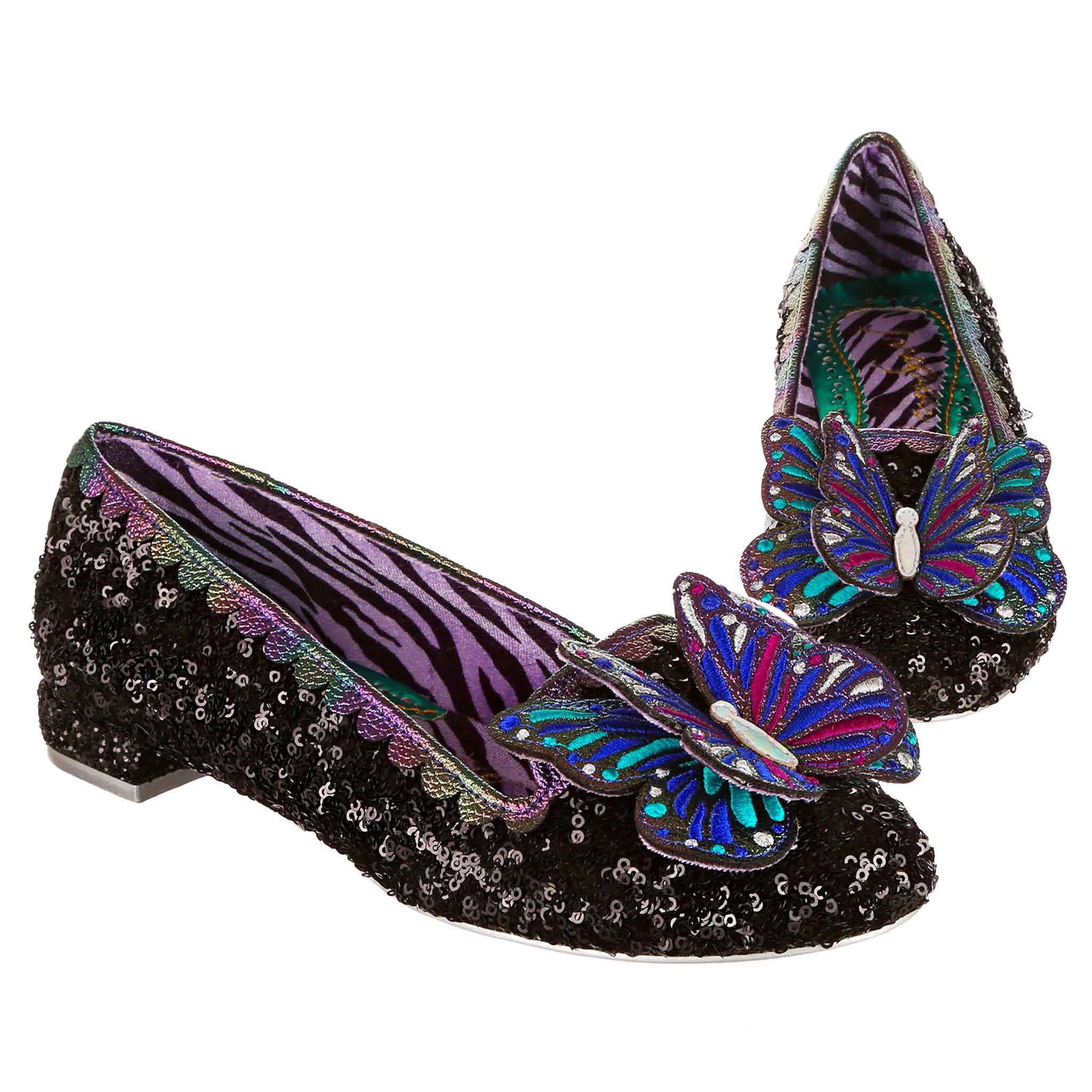 Black sequin ballet flat shoes with 3D butterfly decorations on the toe on a white background