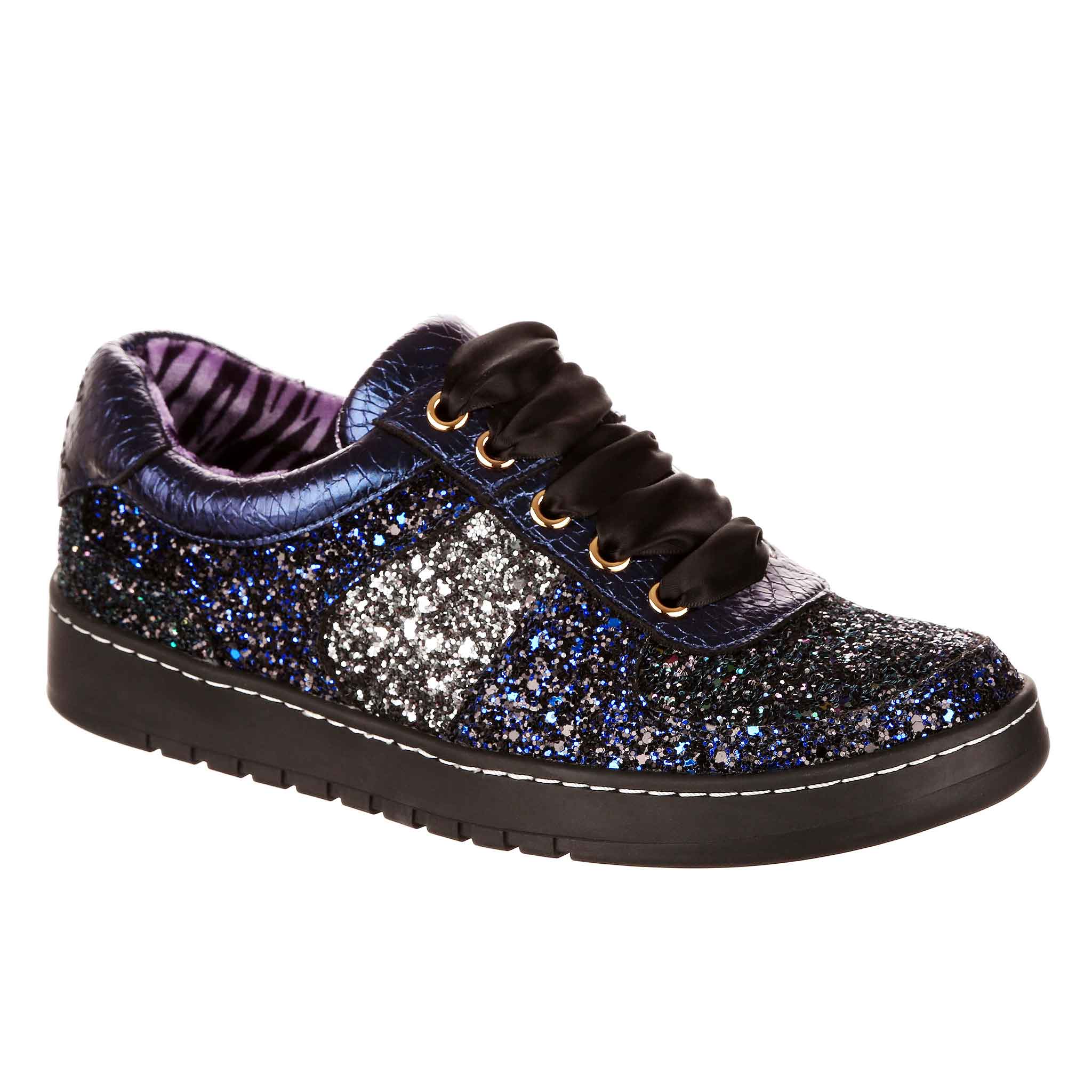 Glittery lace up sneaker with black sole on a white background
