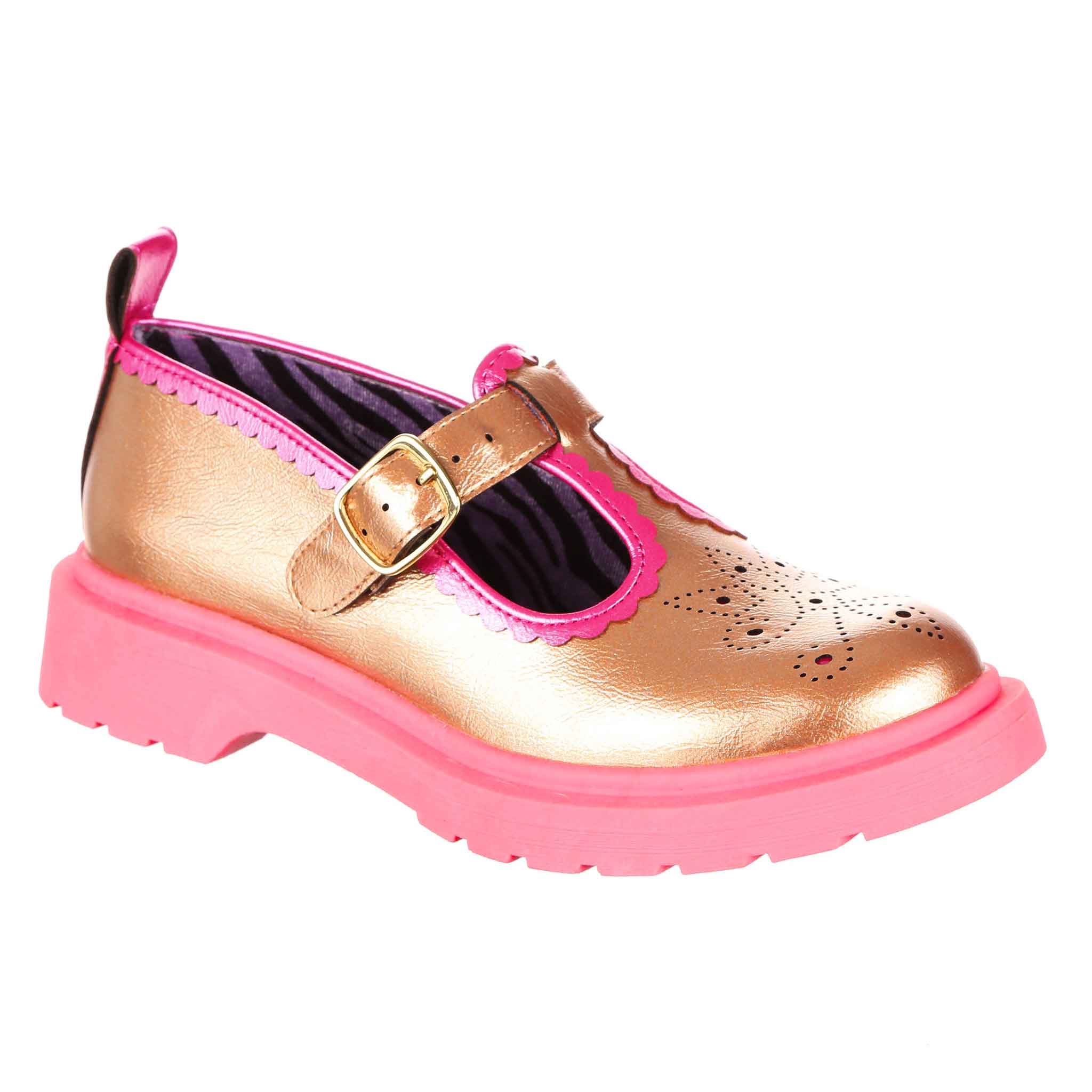 Gold and pink T-bar flat brogue shoe with a buckle fastening on a white background