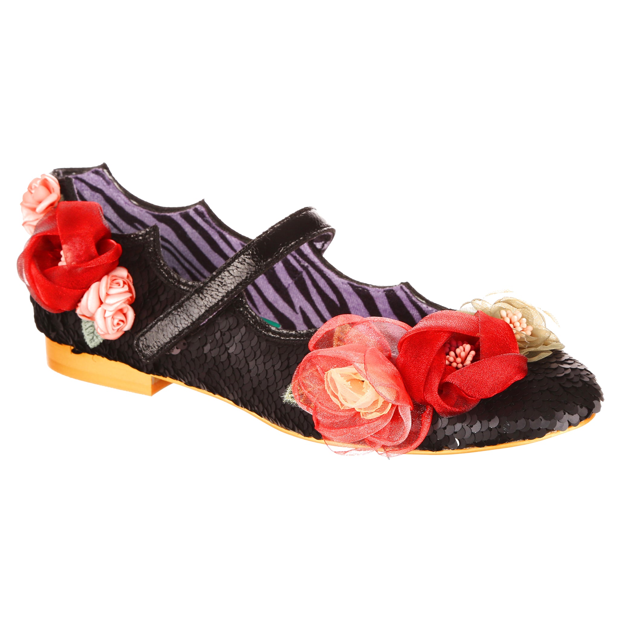 Black sequin ballet pump shoe with 3D floral decorations and a mary jane strap on a white background.