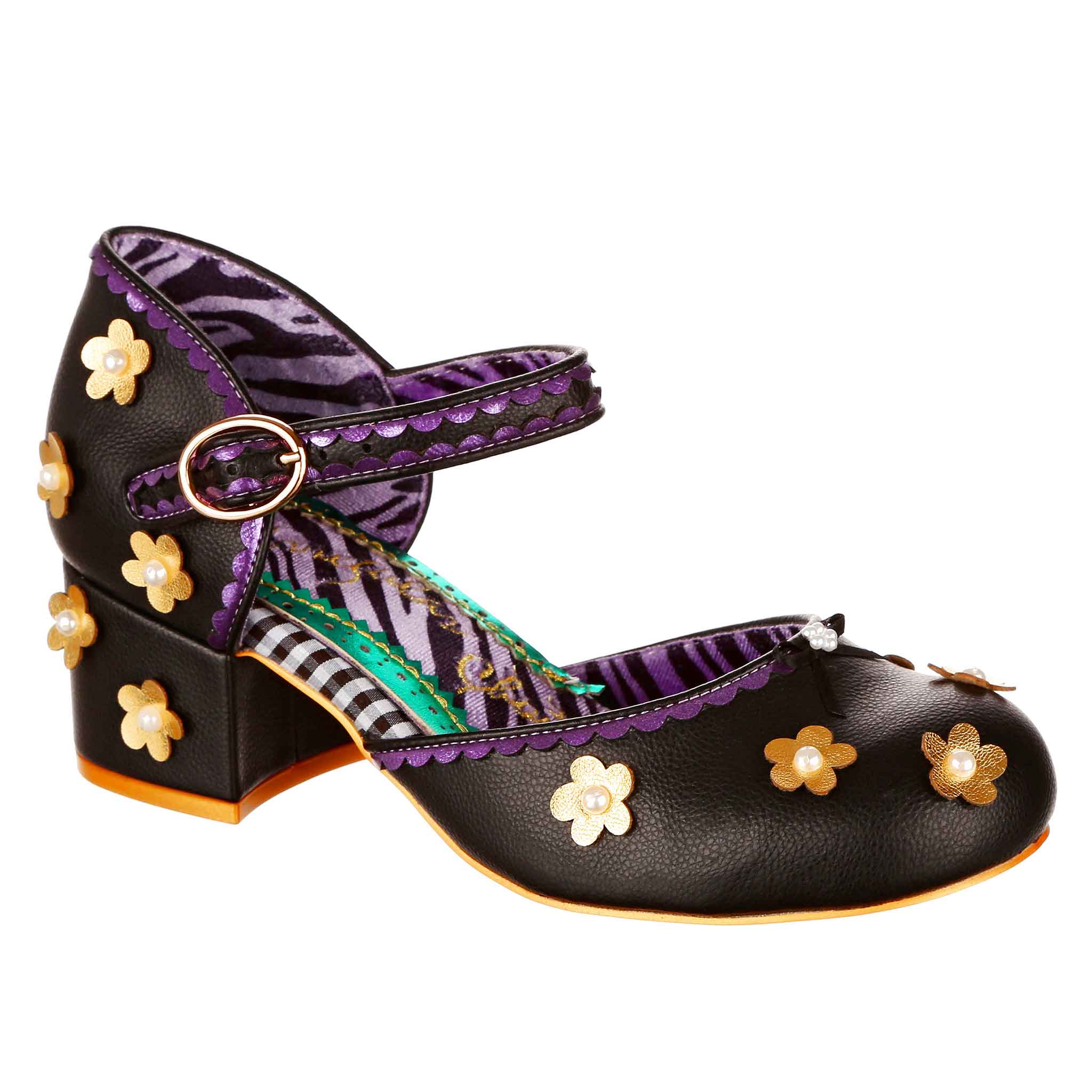 Black mary jane shoe with gold daisy decorations scattered over with a buckle fastening and block heel on a white background