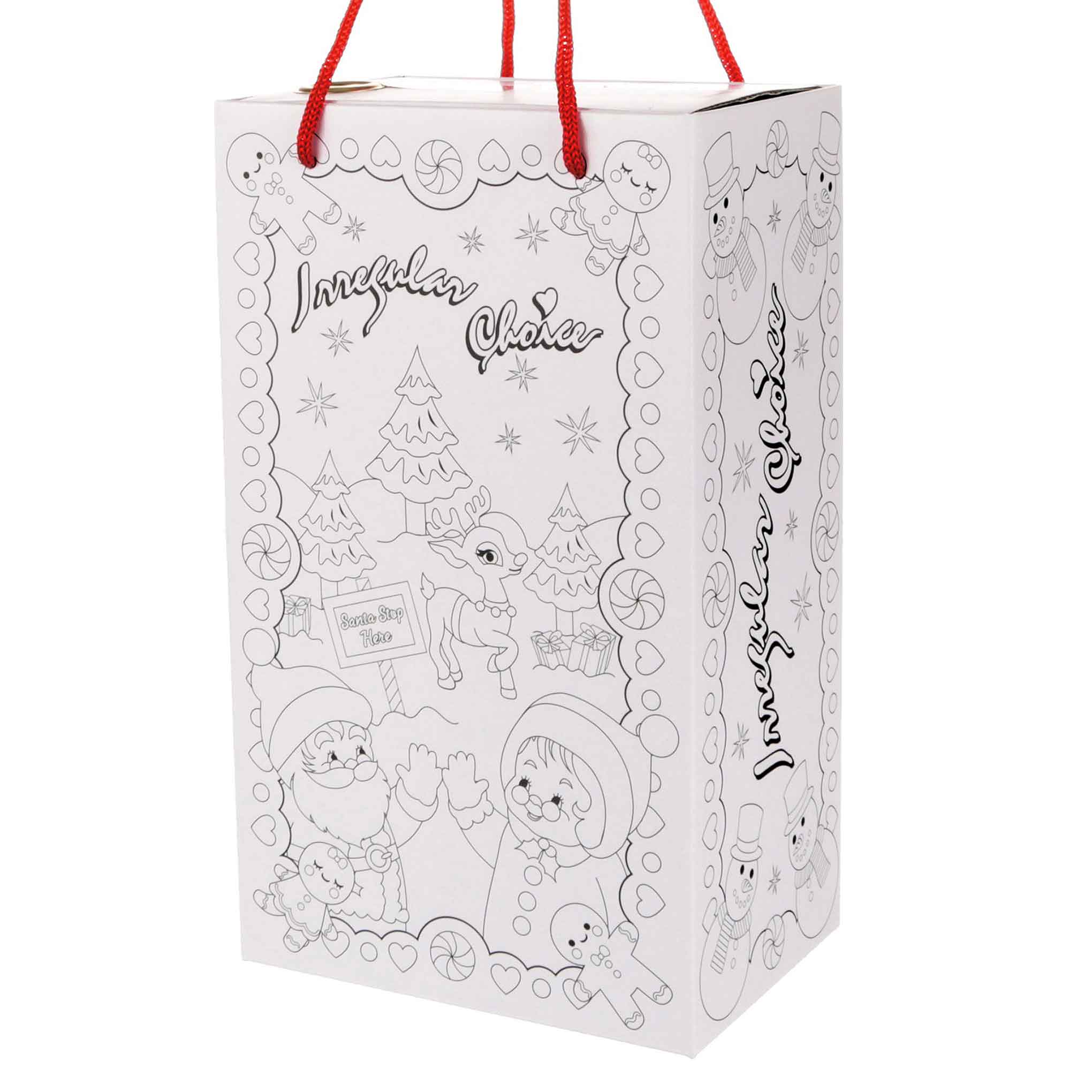 Irregular Choice shoe box design of white background and black illustration of a Christmas scene with Irregular Choice Logo.