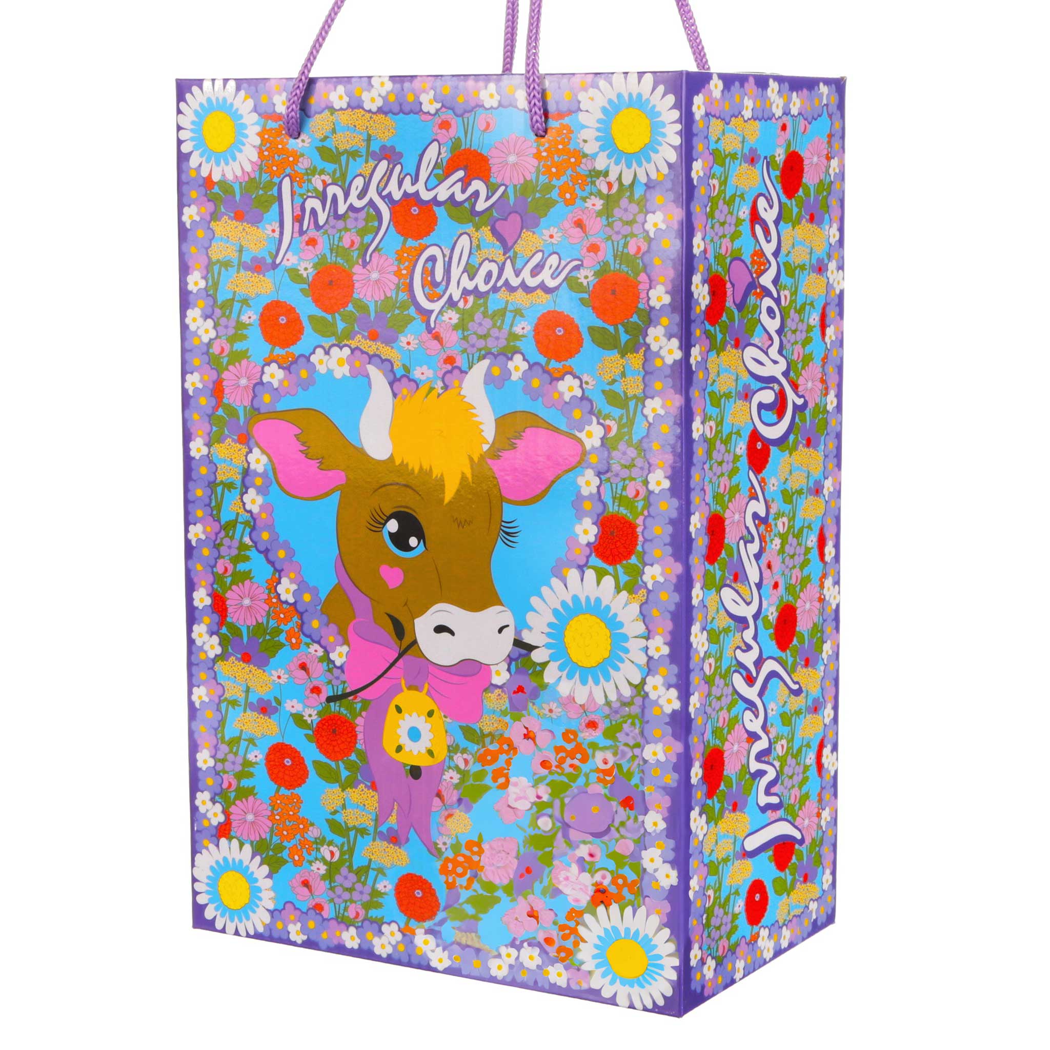 Shoe box design of cartoon cow surrounded by flowers for Irregular Choice Spring Summer 2024.