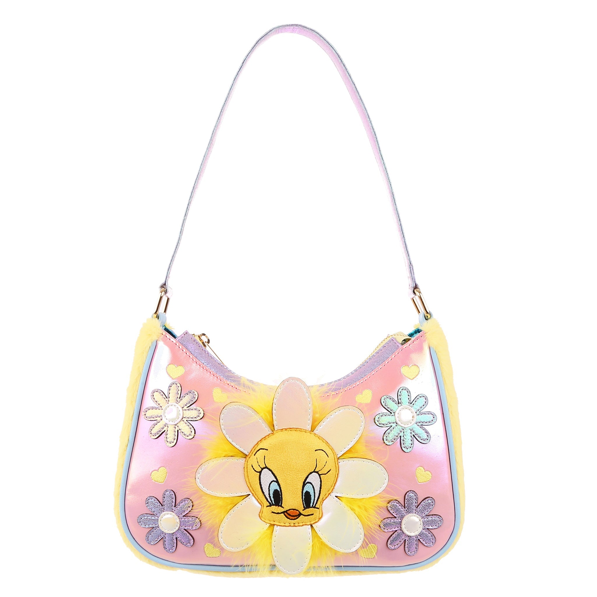 90s style armpit bag with pink iridescent front with shiny flowers in every corner around the central large flowers with Tweety Bird's face in the middle and yellow feathers behind, finished with blue piping, fluffy yellow sides and lilac shoulder strap.