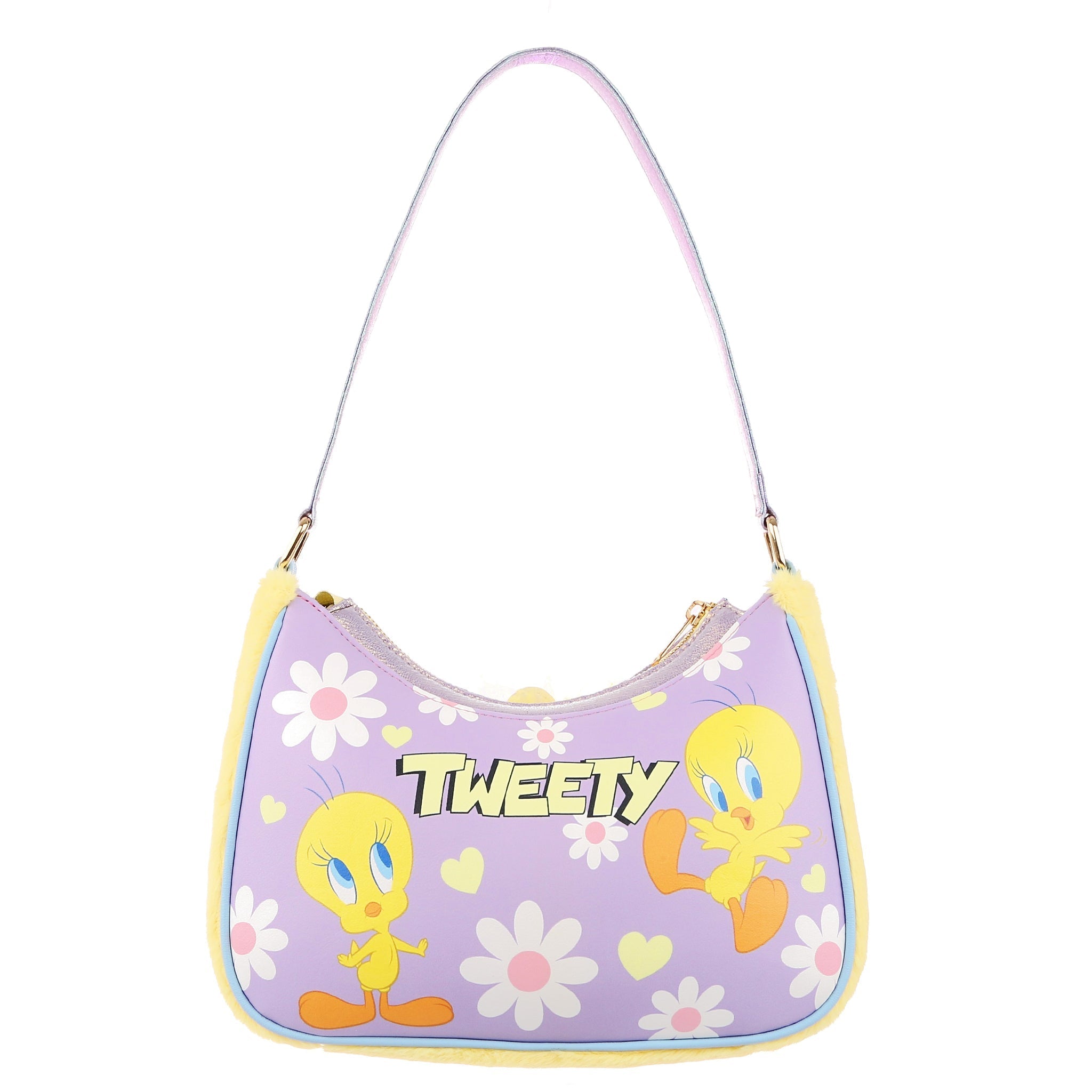 90s style armpit bag with lilac base printed with Tweety Bird, white and pink flowers and light yellow hearts, finished with blue piping, fluffy yellow sides and lilac shoulder strap.